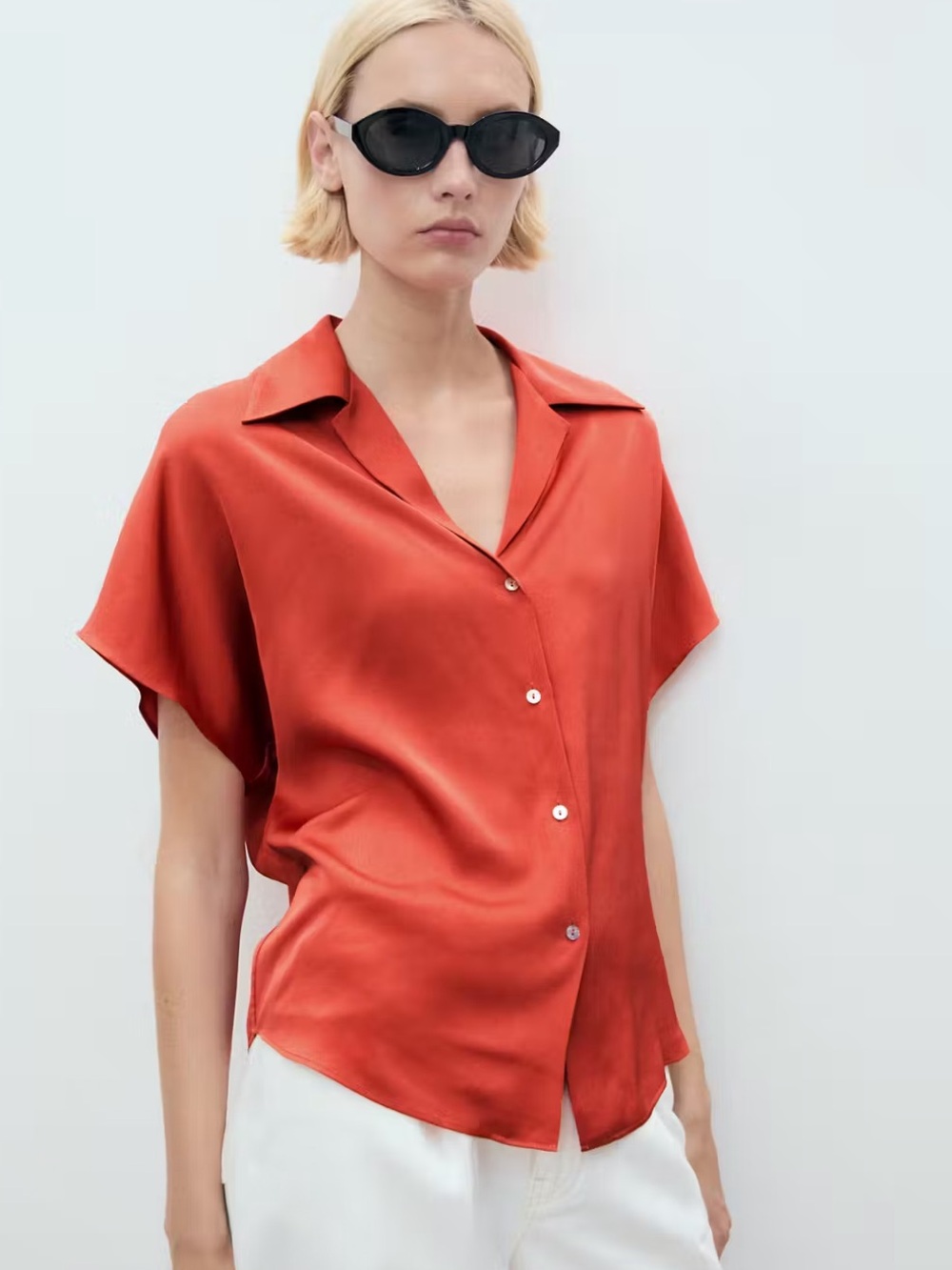 Mango Coral Button-Front Short Sleeve Blouse